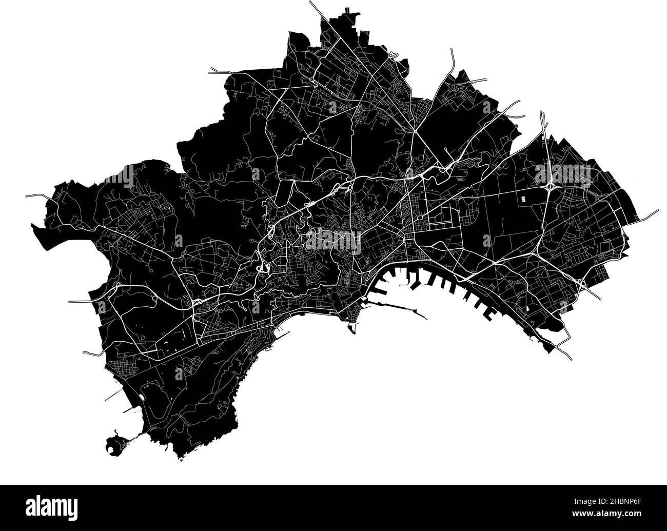 Naples, Italy, high resolution vector map with city boundaries, and editable paths. The city map was drawn with white areas and lines for main roads, Stock Vector
