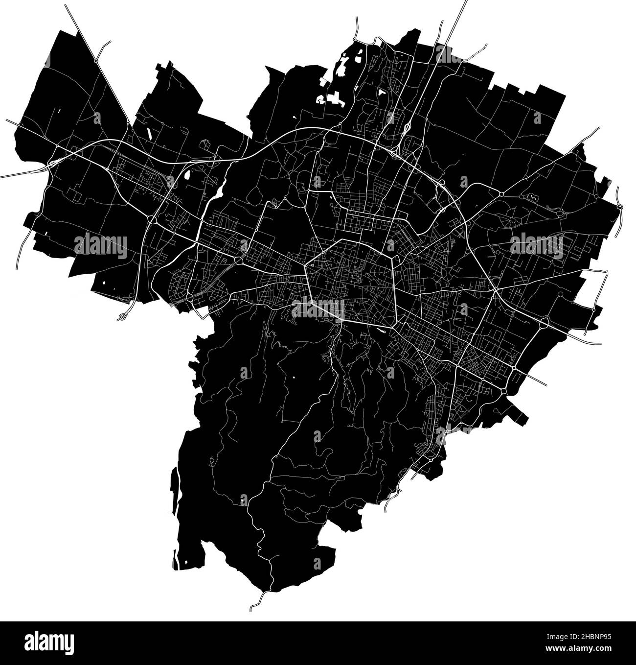 Bologna, Italy, high resolution vector map with city boundaries, and editable paths. The city map was drawn with white areas and lines for main roads, Stock Vector