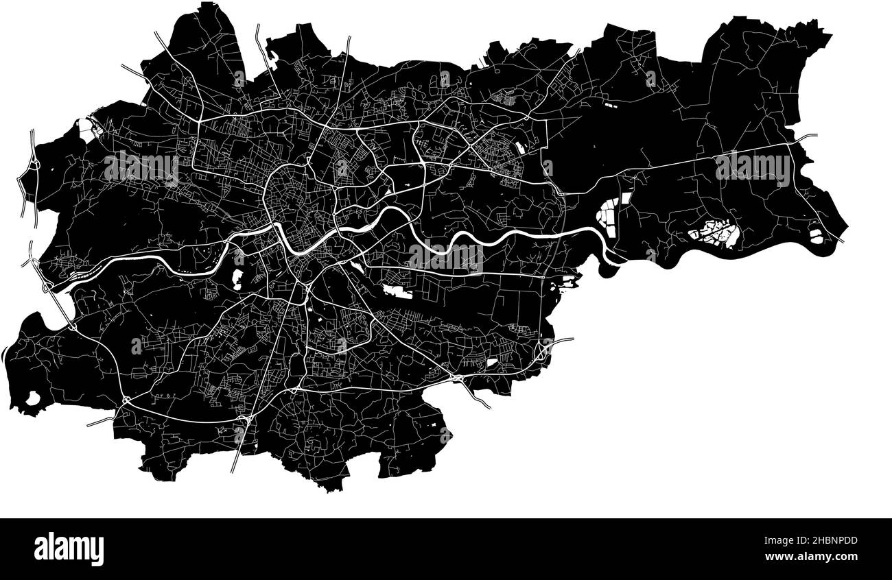 Kraków, Poland, high resolution vector map with city boundaries, and editable paths. The city map was drawn with white areas and lines for main roads, Stock Vector