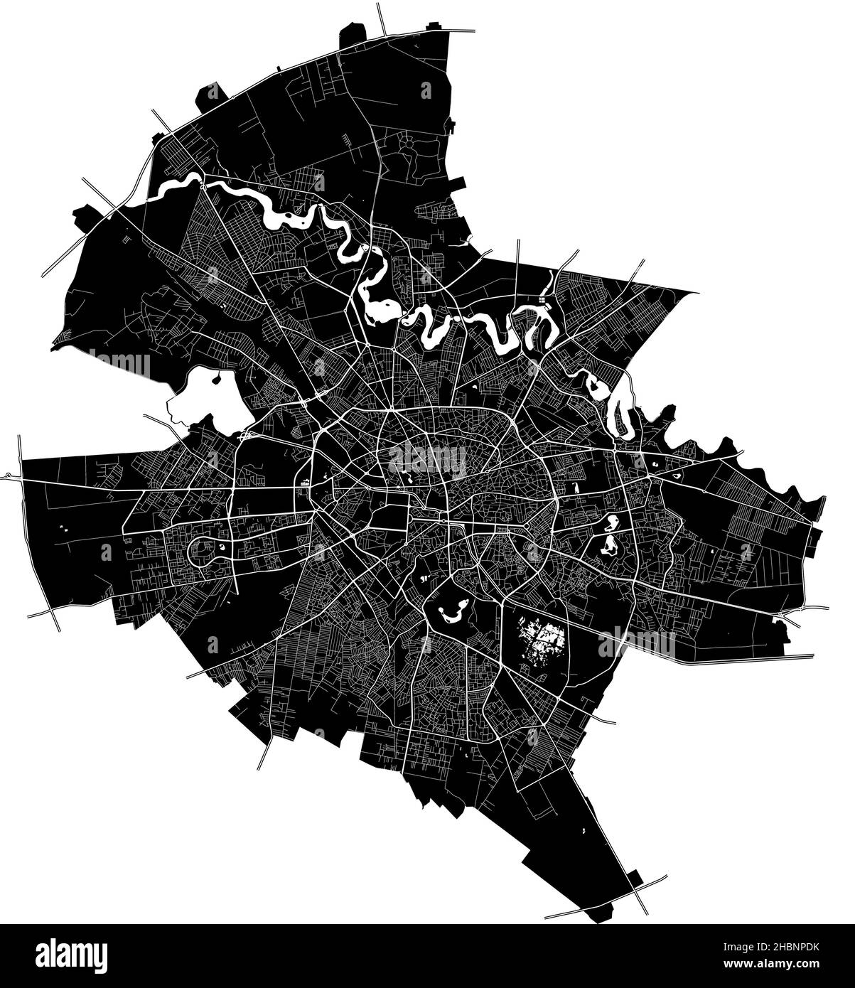 Bucharest, Romania, high resolution vector map with city boundaries, and editable paths. The city map was drawn with white areas and lines for main ro Stock Vector
