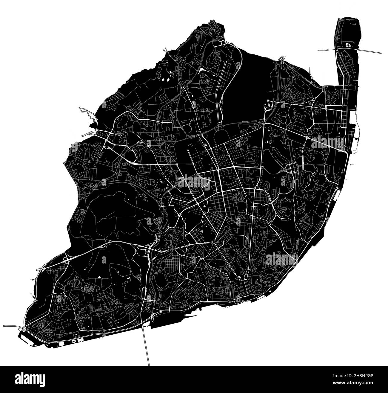 Lisbon, Portugal, high resolution vector map with city boundaries, and editable paths. The city map was drawn with white areas and lines for main road Stock Vector