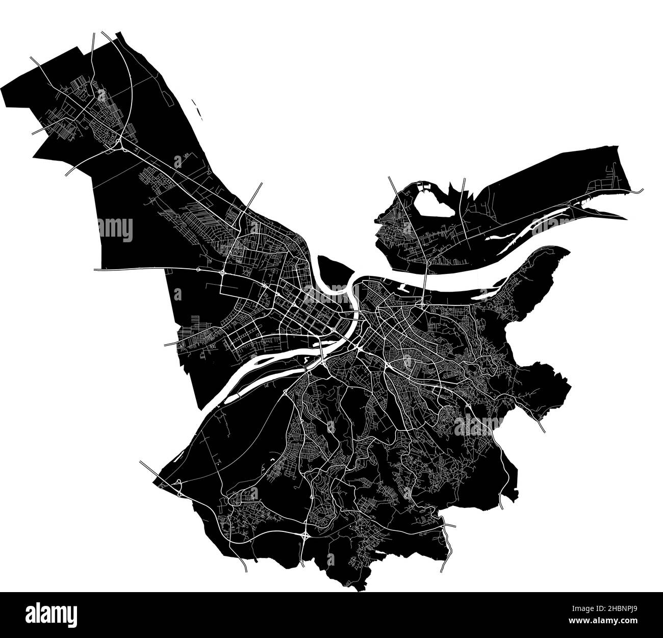 Belgrade, Serbia, high resolution vector map with city boundaries, and editable paths. The city map was drawn with white areas and lines for main road Stock Vector