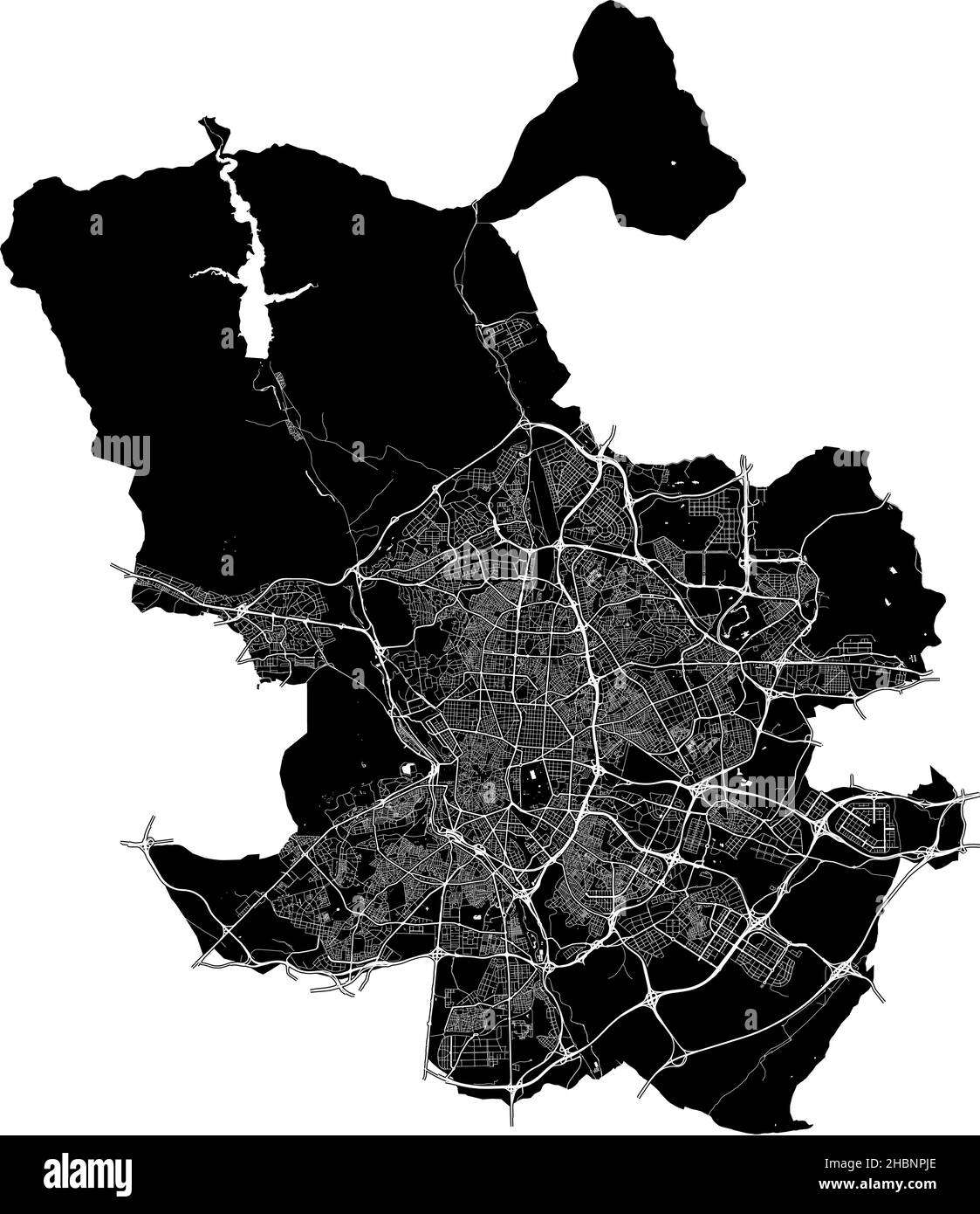 Madrid, Spain, high resolution vector map with city boundaries, and editable paths. The city map was drawn with white areas and lines for main roads, Stock Vector