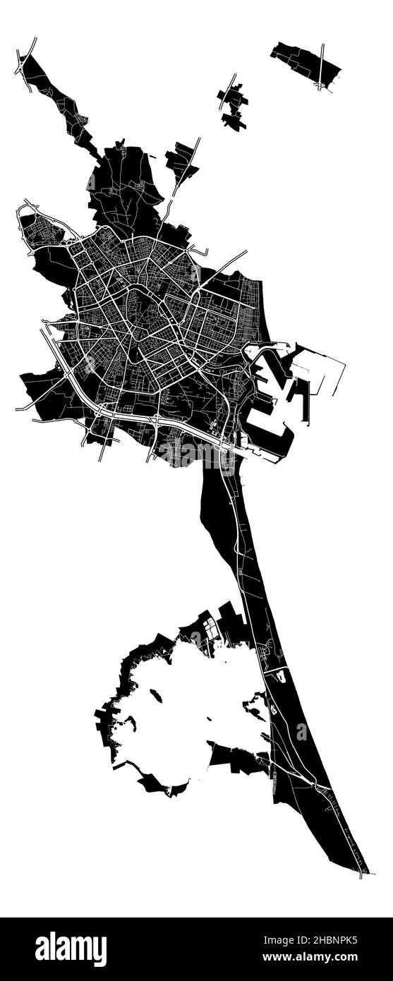 Valencia, Spain, high resolution vector map with city boundaries, and editable paths. The city map was drawn with white areas and lines for main roads Stock Vector