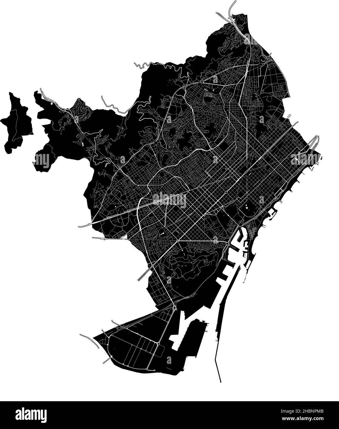 Barcelona, Spain, high resolution vector map with city boundaries, and editable paths. The city map was drawn with white areas and lines for main road Stock Vector