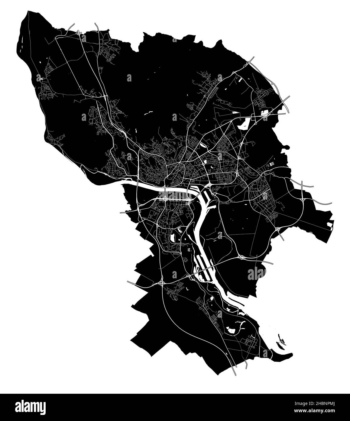 Bratislava, Slovakia, high resolution vector map with city boundaries, and editable paths. The city map was drawn with white areas and lines for main Stock Vector