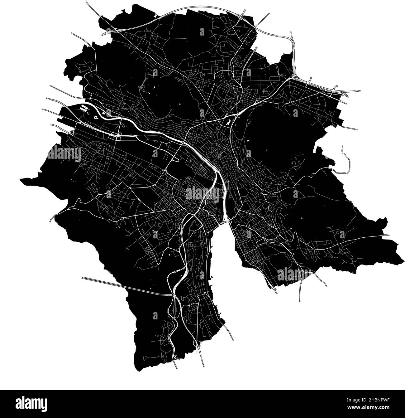 Zürich, Switzerland, high resolution vector map with city boundaries, and editable paths. The city map was drawn with white areas and lines for main r Stock Vector