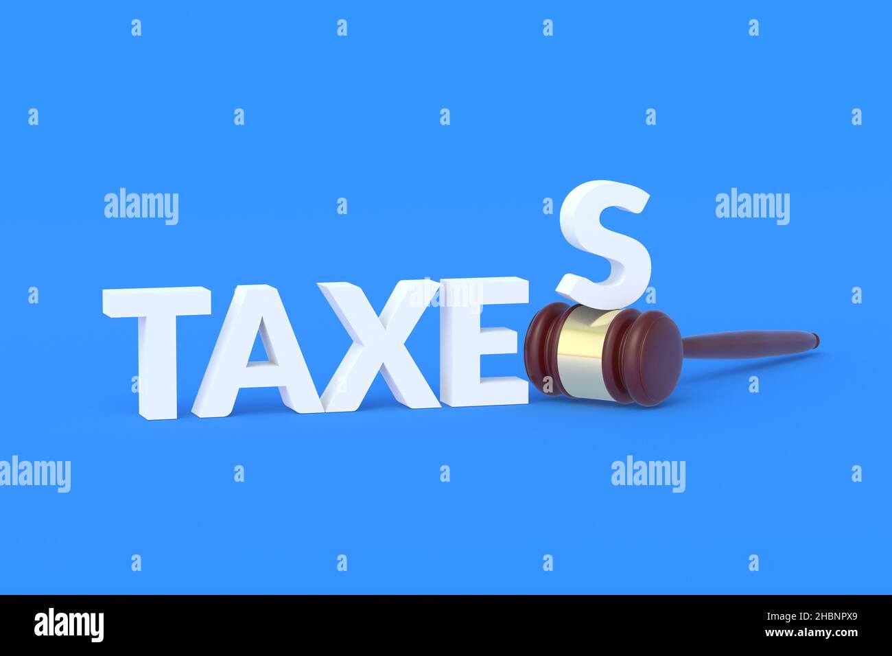 Word taxes near wooden judge hammer on blue background. Lawyer services. Responsibility and punishment for payment evasion. Tax reform concept. 3d ren Stock Photo