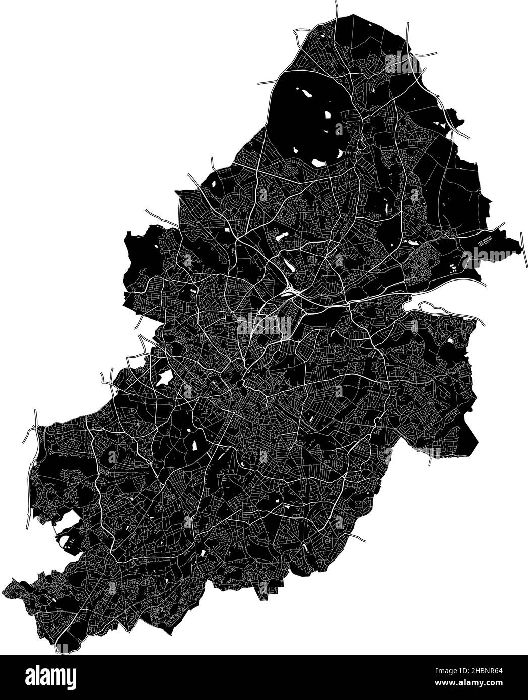 Birmingham, England, high resolution vector map with city boundaries, and editable paths. The city map was drawn with white areas and lines for main r Stock Vector