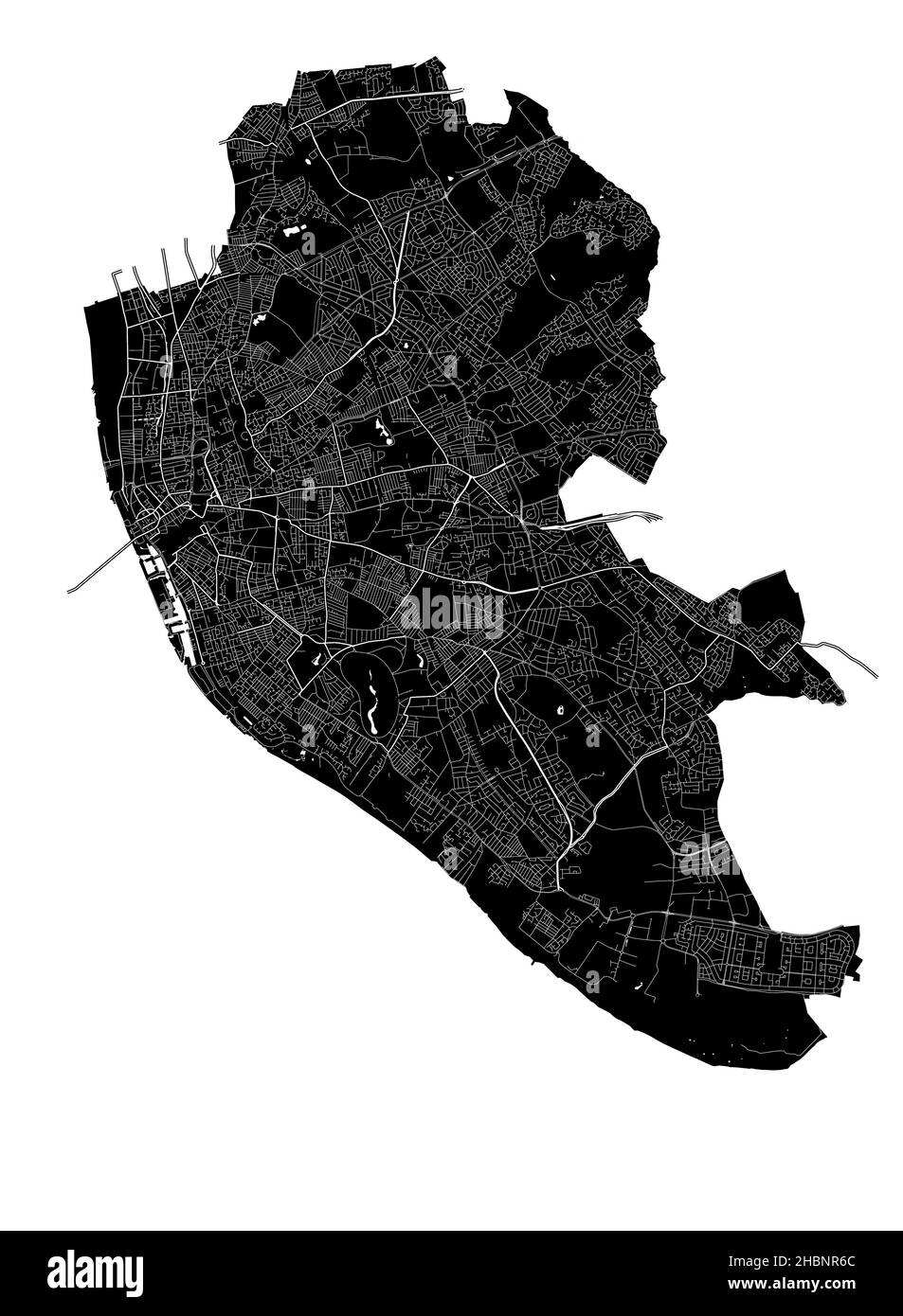 Liverpool, England, high resolution vector map with city boundaries, and editable paths. The city map was drawn with white areas and lines for main ro Stock Vector