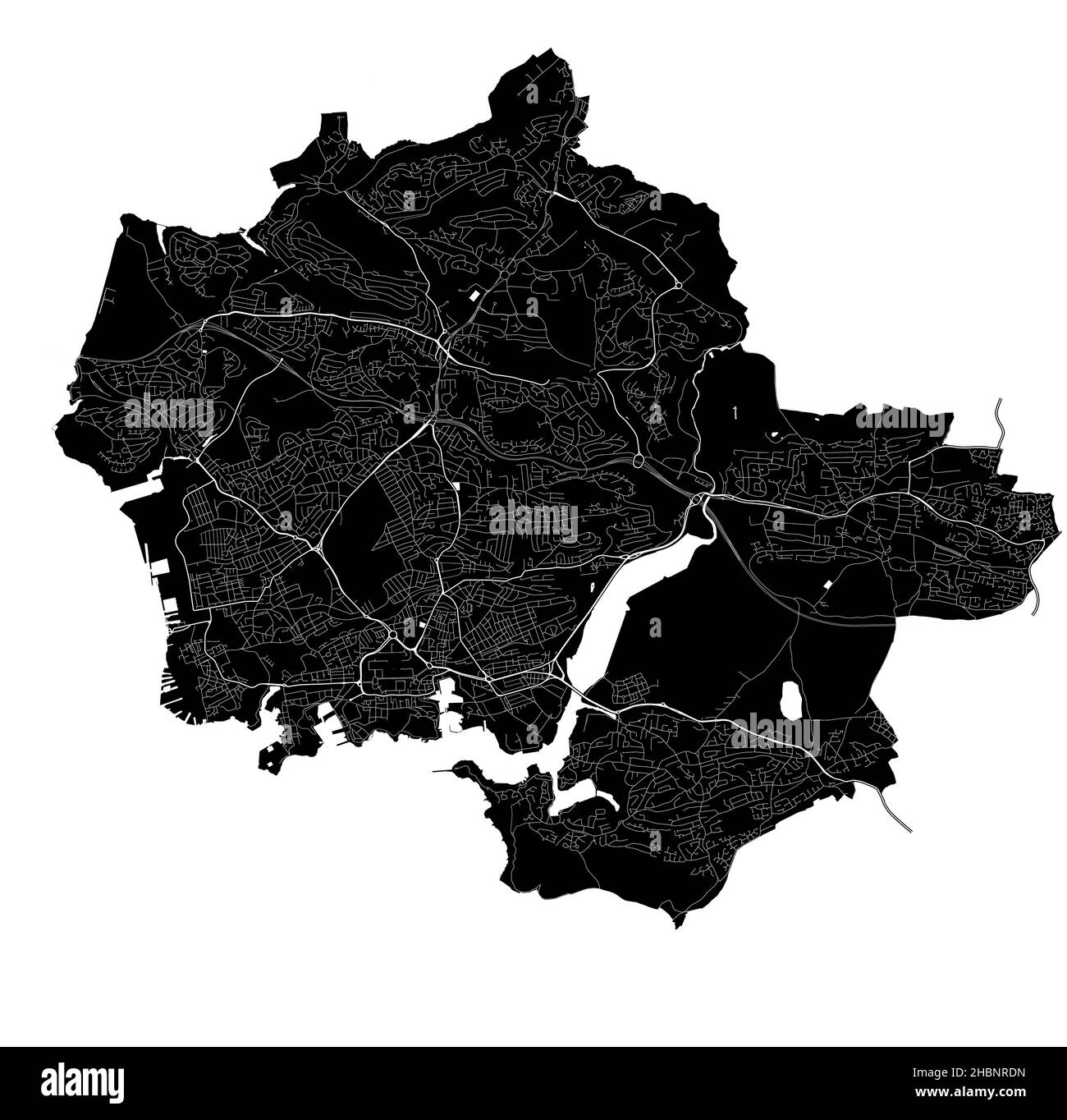 Plymouth, England, high resolution vector map with city boundaries, and editable paths. The city map was drawn with white areas and lines for main roa Stock Vector