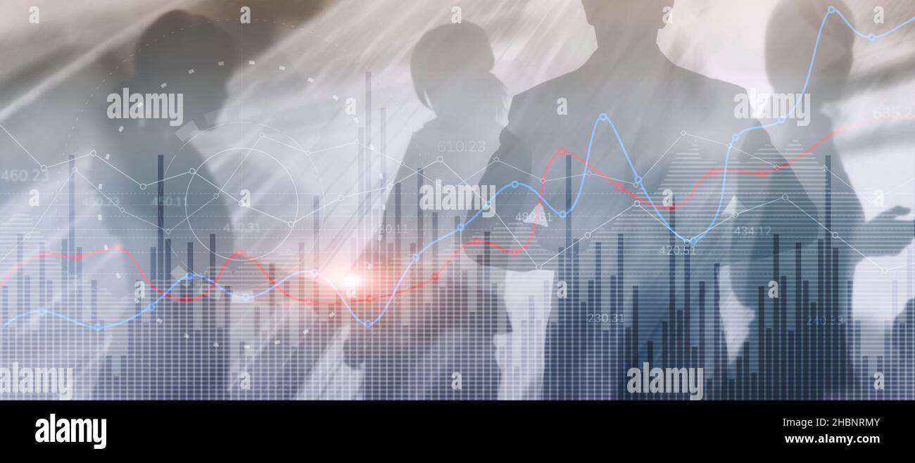 Double exposure of coloured lines, growing numbers, online trading. Stock Photo