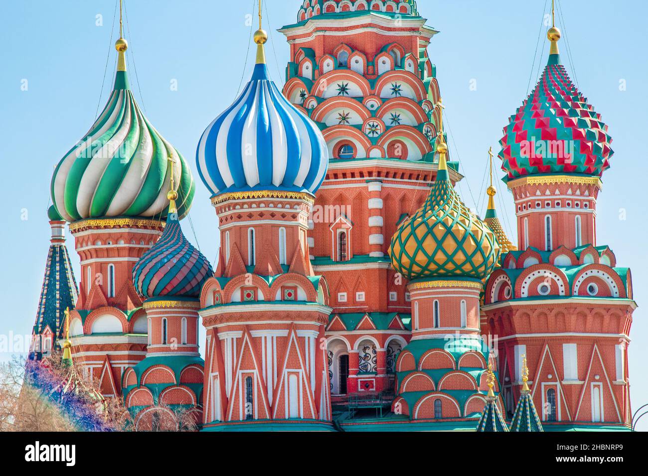 The many colourful domes of St Basils Cathedral in Red Square, one of the oldest and largest squares in Moscow, the capital of Russia. Stock Photo