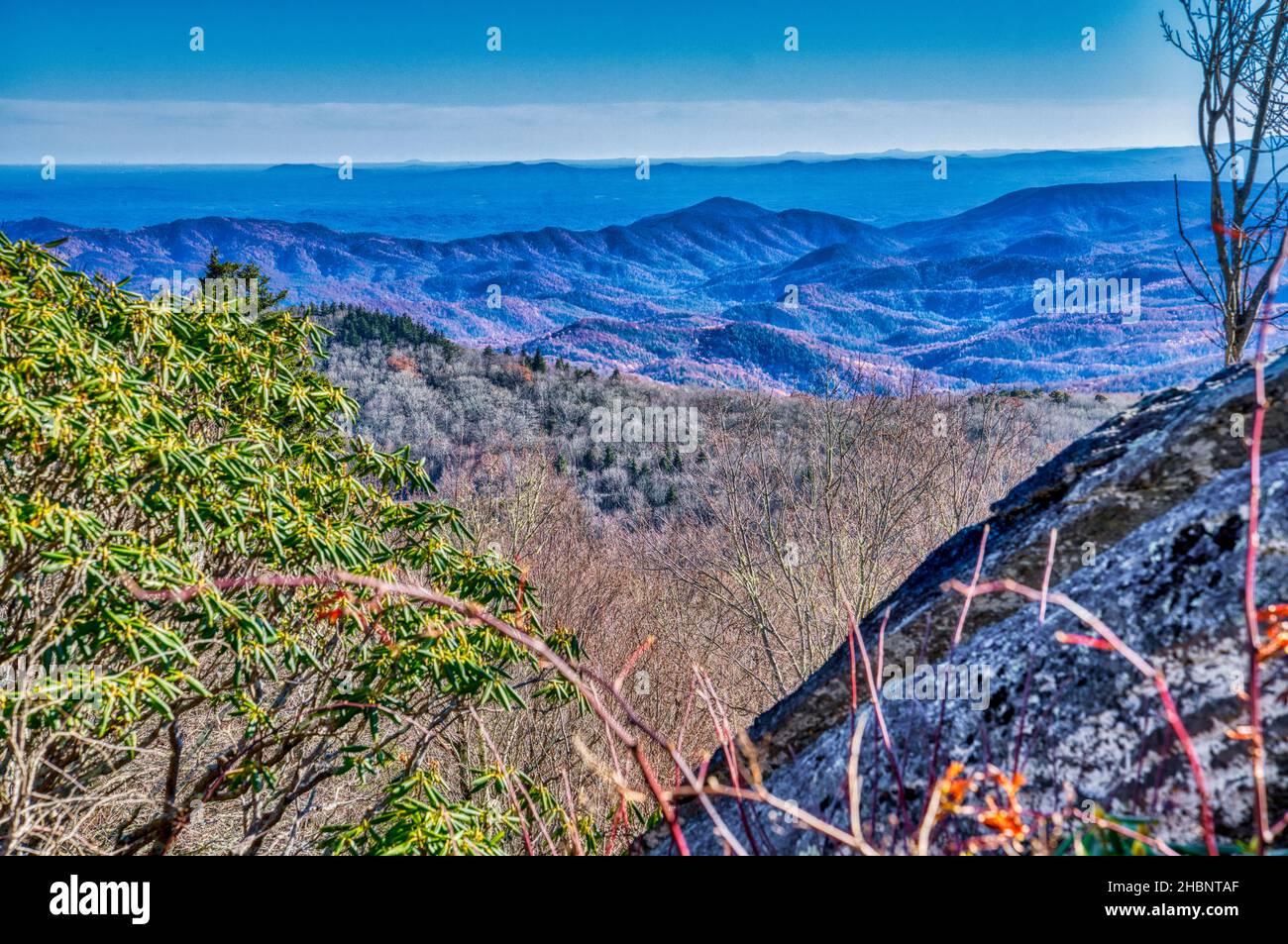 A vista of the Blue Ridge Mountains seen from Grandfather Mountain in Linville, North Carolina. Stock Photo