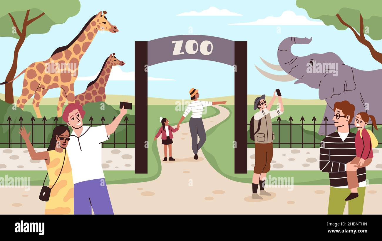 Zoo entrance gates. Animals park fences. Visitors take selfies. Parents and children excursion. Outdoor family weekend pastime. Couples looking at Stock Vector