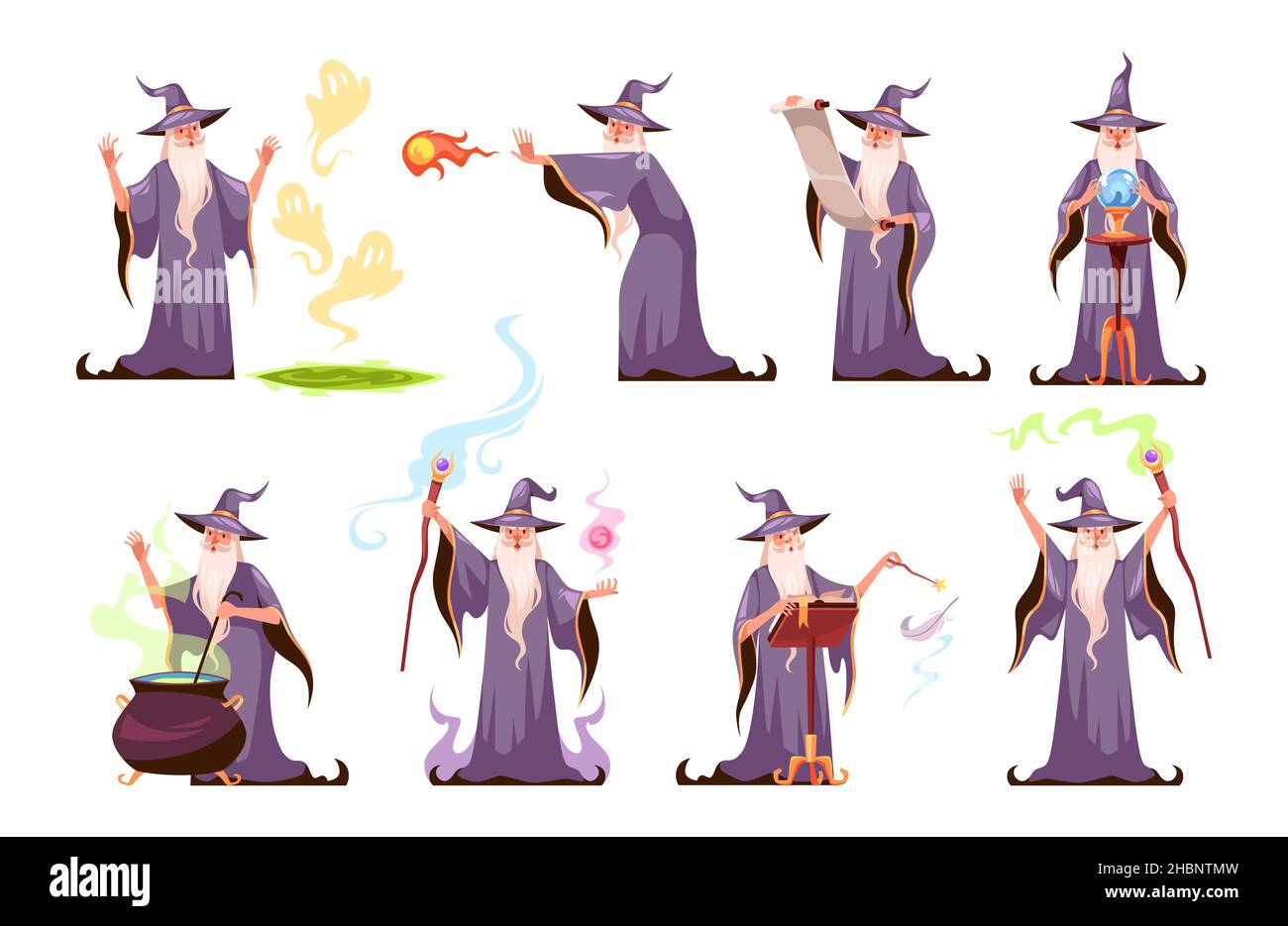 Magic character. Cartoon wizard performs various magical actions. Sorcerer in hat and robe. Fabulous old man with long white beard brews potion or Stock Vector
