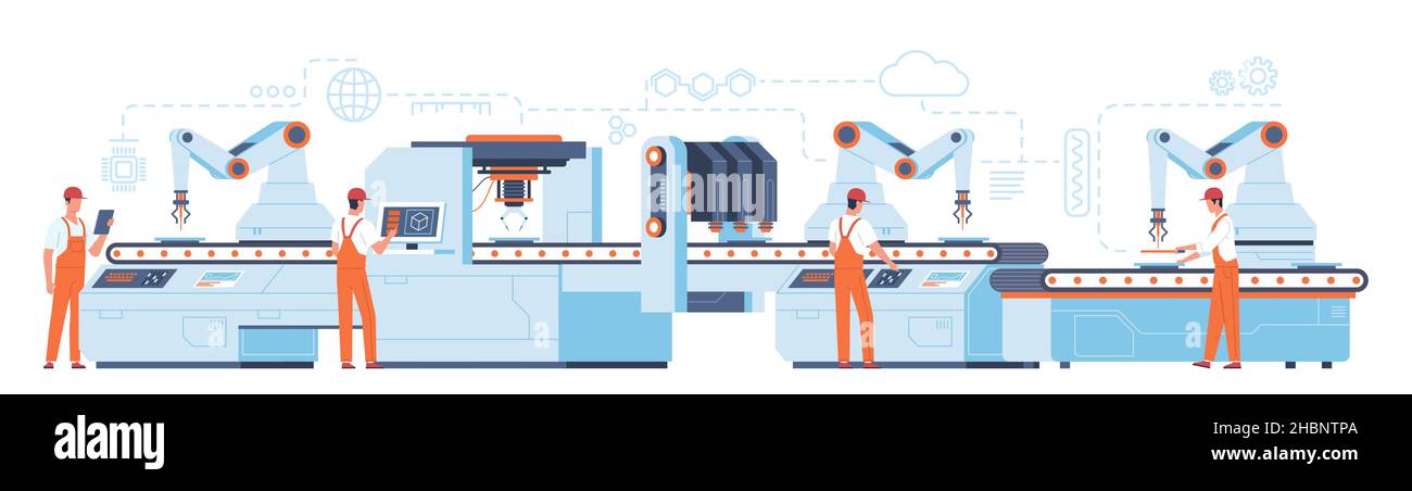 Factory production line people. Conveyor and assembly workers. Automated electronic equipment. Industrial process controller. Manufacturing technology Stock Vector