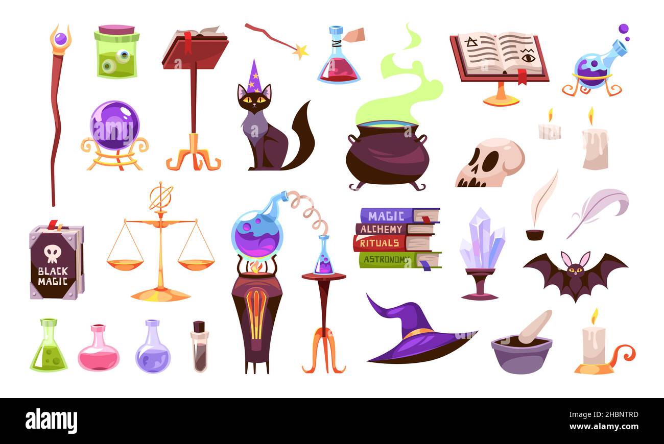 Magic tools. Wizards equipment and animals companions. Witchcraft spells book and elixirs. Wide brimmed hat or potion cauldron. Ball of predictions Stock Vector