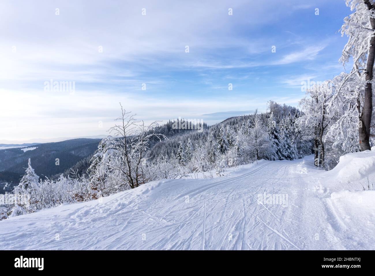 Winter mountain landscape. Cross-country skiing track, trees covered with hoarfrost, snow, blue sky with white clouds.  Kremnica Mountains, Slovakia. Stock Photo