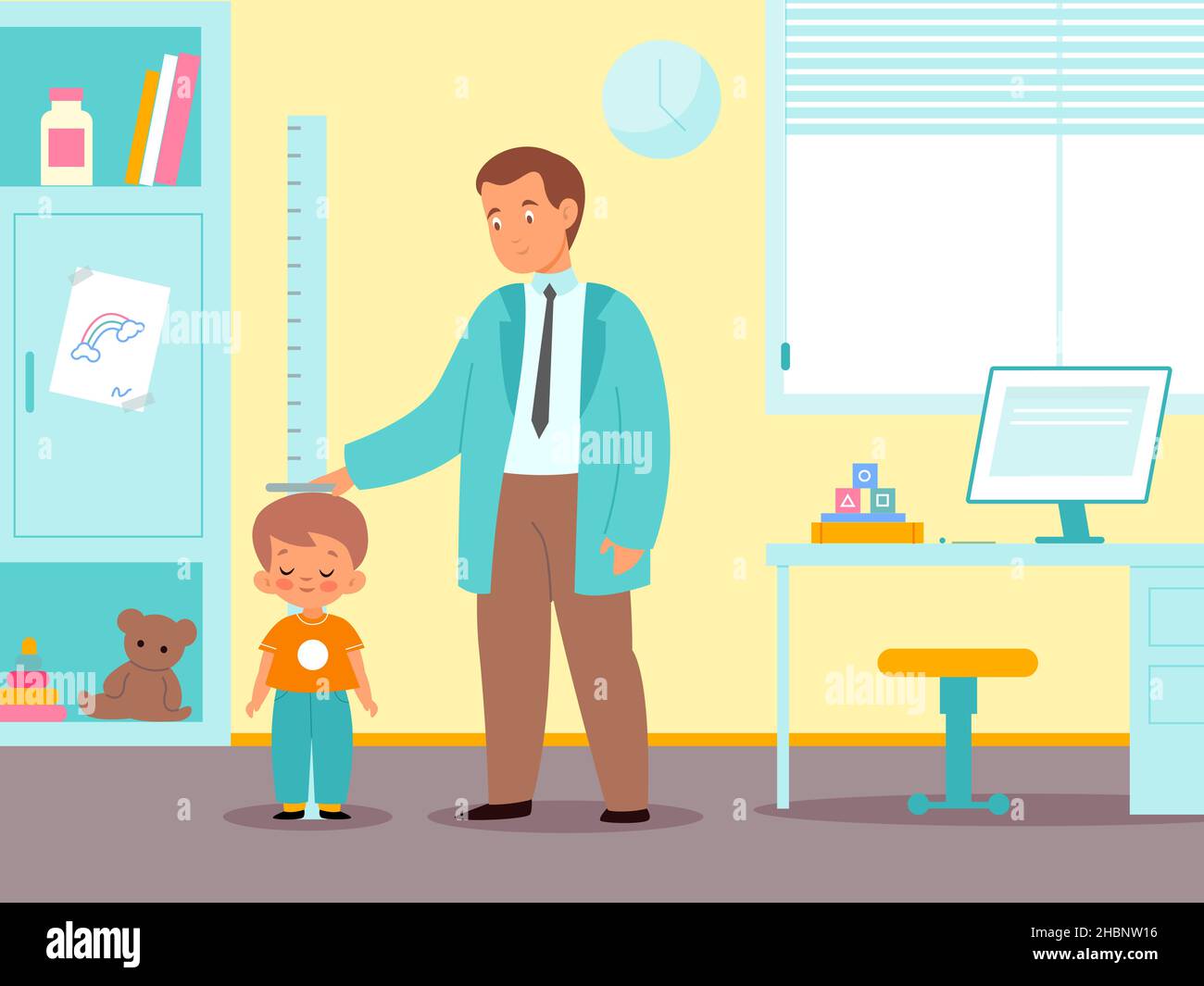 Child in pediatrics office. Doctor measures boy height. Scheduled medical examination. Pediatrician consultation. Kid at physicians appointment Stock Vector