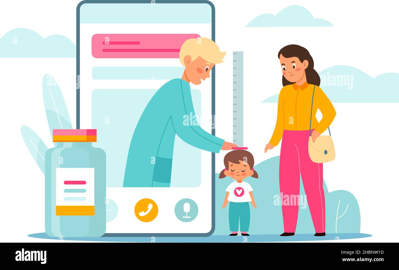 Pediatric online consultation. Children scheduled medical examination. Remote preliminary diagnostics. Smartphone and pill bottle. Mom with daughter Stock Vector