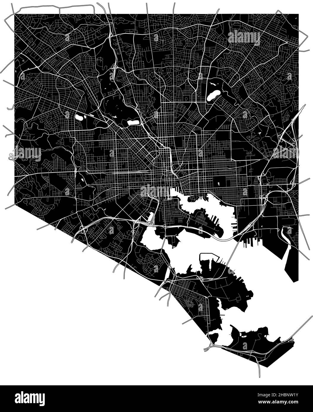 Baltimore, Maryland, United States, high resolution vector map with city boundaries, and editable paths. The city map was drawn with white areas and l Stock Vector