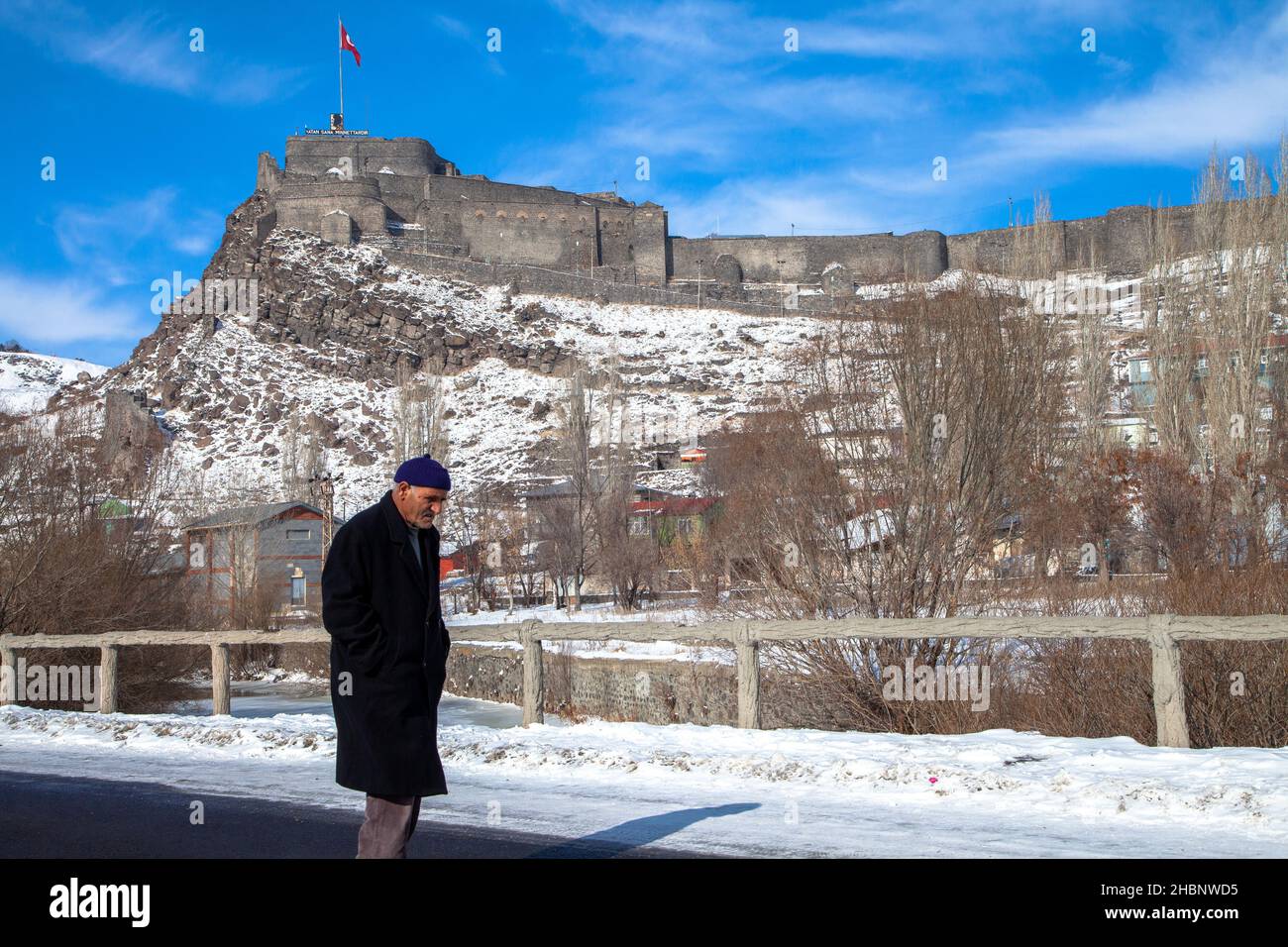 Kars,Turkey - 01-26-2016:View of the historical Kars castle, a snowy day Stock Photo