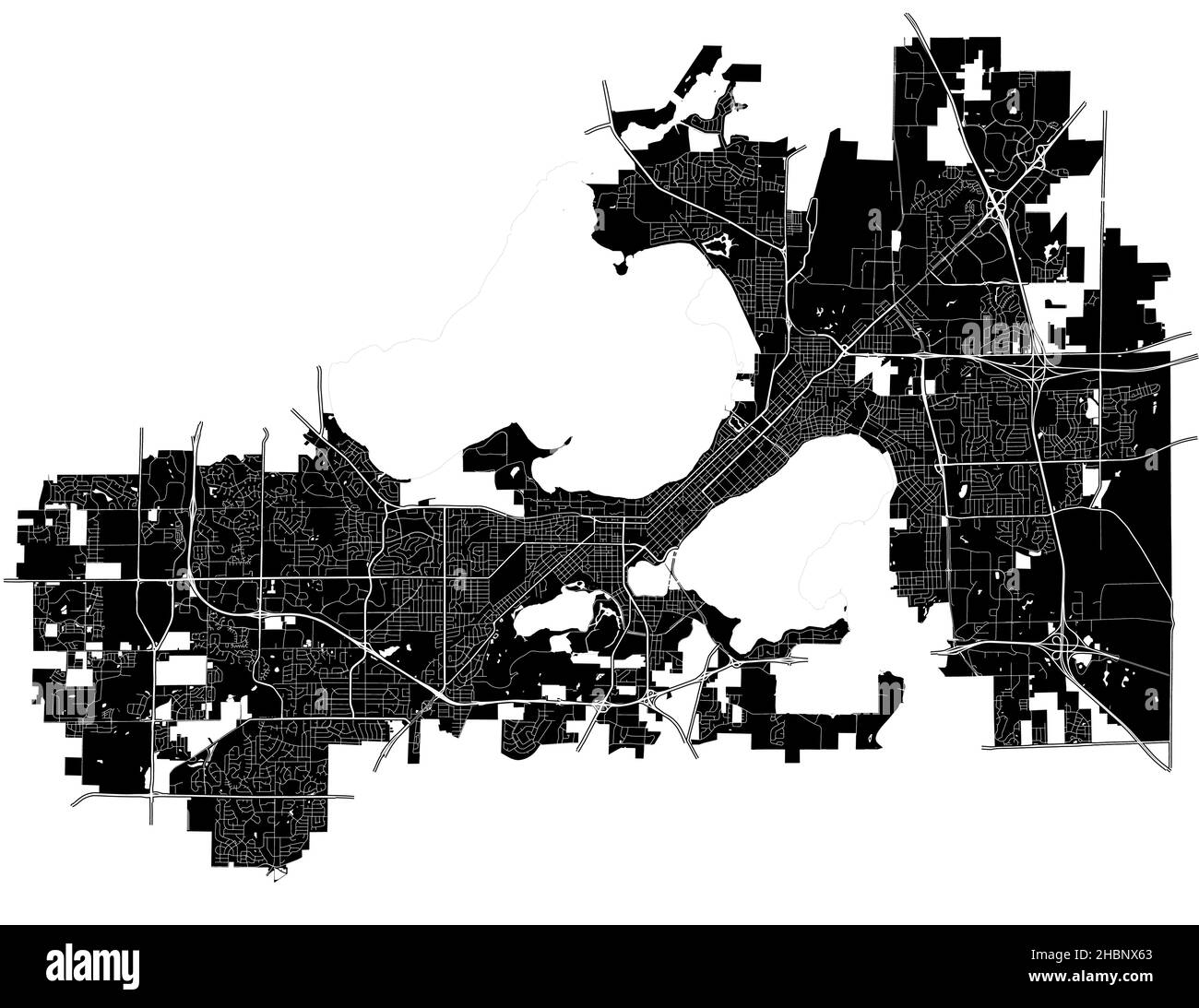Madison, Wisconsin, United States, high resolution vector map with city boundaries, and editable paths. The city map was drawn with white areas and li Stock Vector