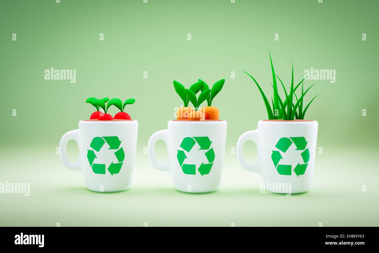 Reused mugs growing seedlings with Recycle symbol. 3D illustration ...