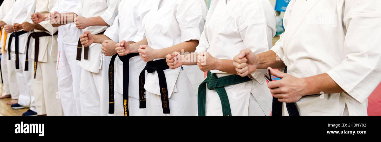 Karate master in a white kimono and with a black belt, stands in front of the formation of his students. Martial arts school in training in the gym. Stock Photo