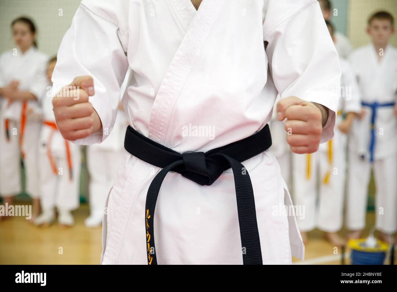 Karate master in a white kimono and with a black belt, stands in front of the formation of his students. Martial arts school in training in the gym. Stock Photo