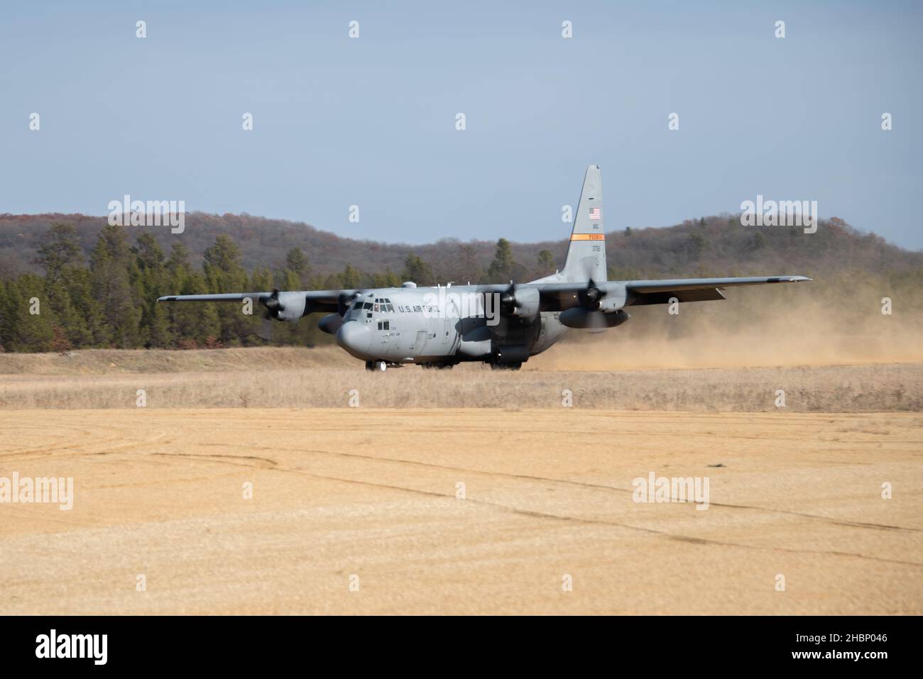 Member of the 182nd Airlift Wing with the Illinois Air National Guard landing C130 aircraft at Fort McCoy Young Air Assault Strip. The C130 were flown by crews from the 169th out of Peoria, IL. Stock Photo