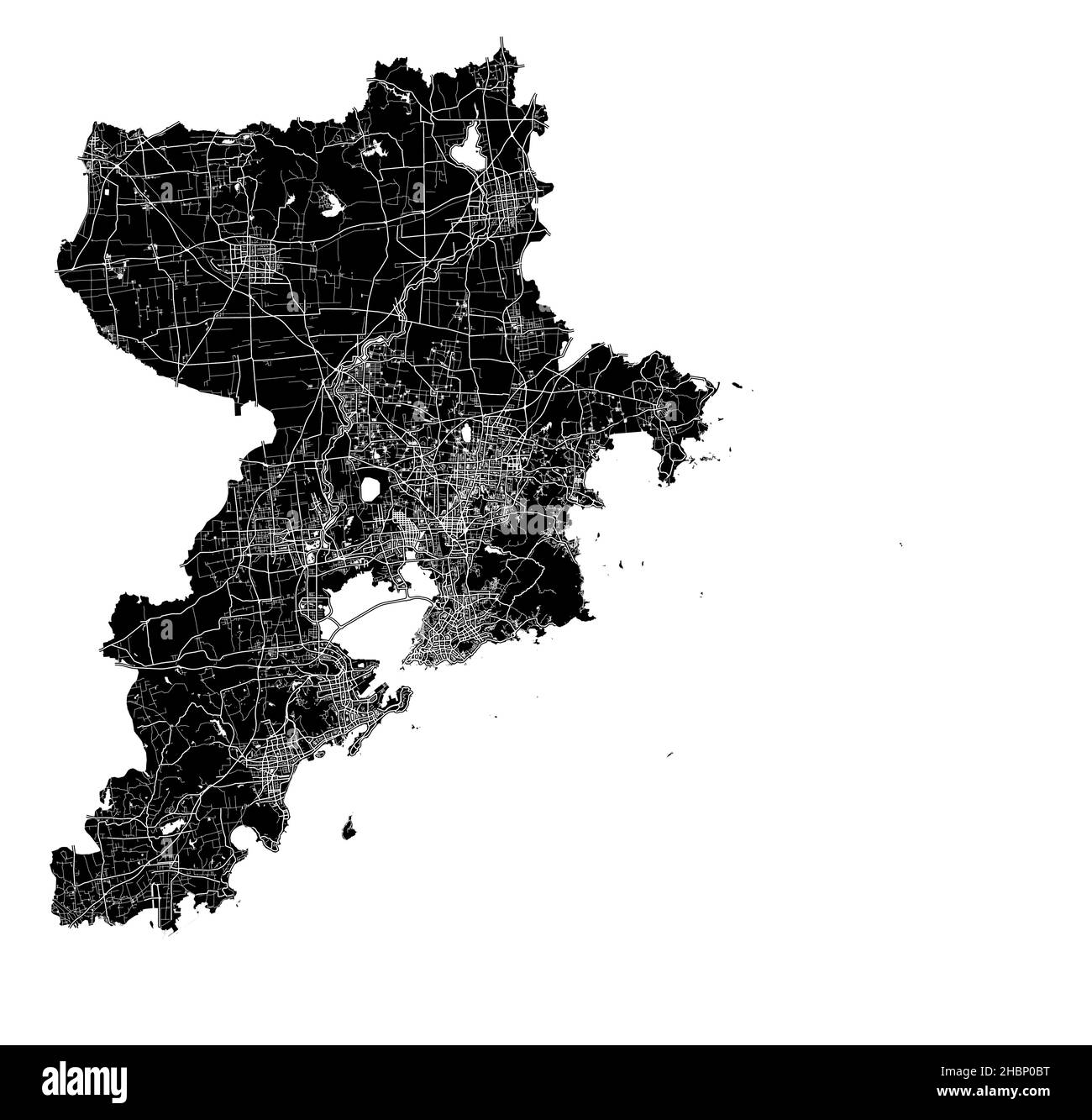 Qingdao, China, high resolution vector map with city boundaries, and editable paths. The city map was drawn with white areas and lines for main roads, Stock Vector