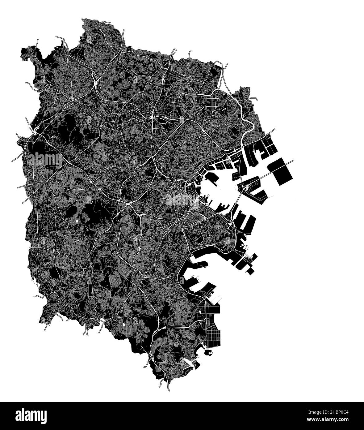 Yokohama, Japan, high resolution vector map with city boundaries, and editable paths. The city map was drawn with white areas and lines for main roads Stock Vector
