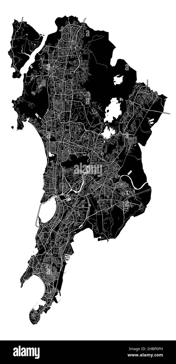 Mumbai, India, high resolution vector map with city boundaries, and editable paths. The city map was drawn with white areas and lines for main roads, Stock Vector
