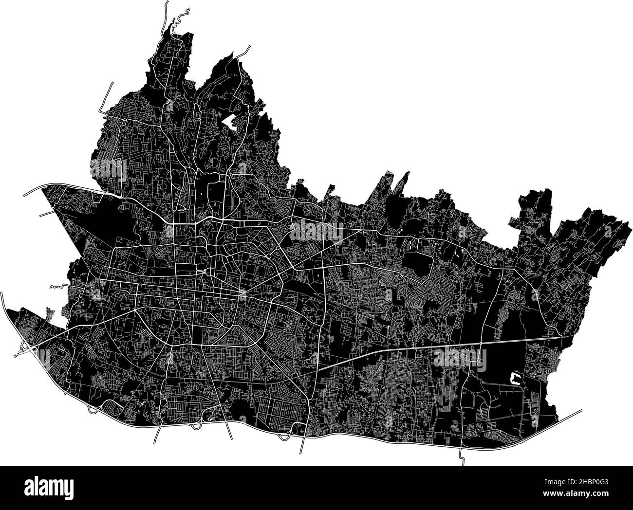 Bandung, Indonesia, high resolution vector map with city boundaries, and editable paths. The city map was drawn with white areas and lines for main ro Stock Vector