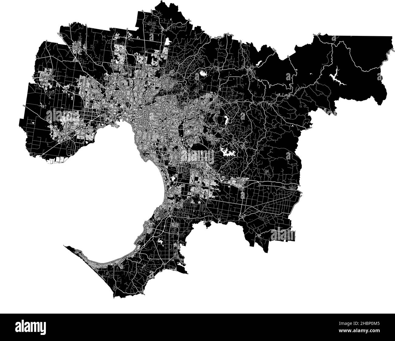 Melbourne, Australia, high resolution vector map with city boundaries, and editable paths. The city map was drawn with white areas and lines for main Stock Vector