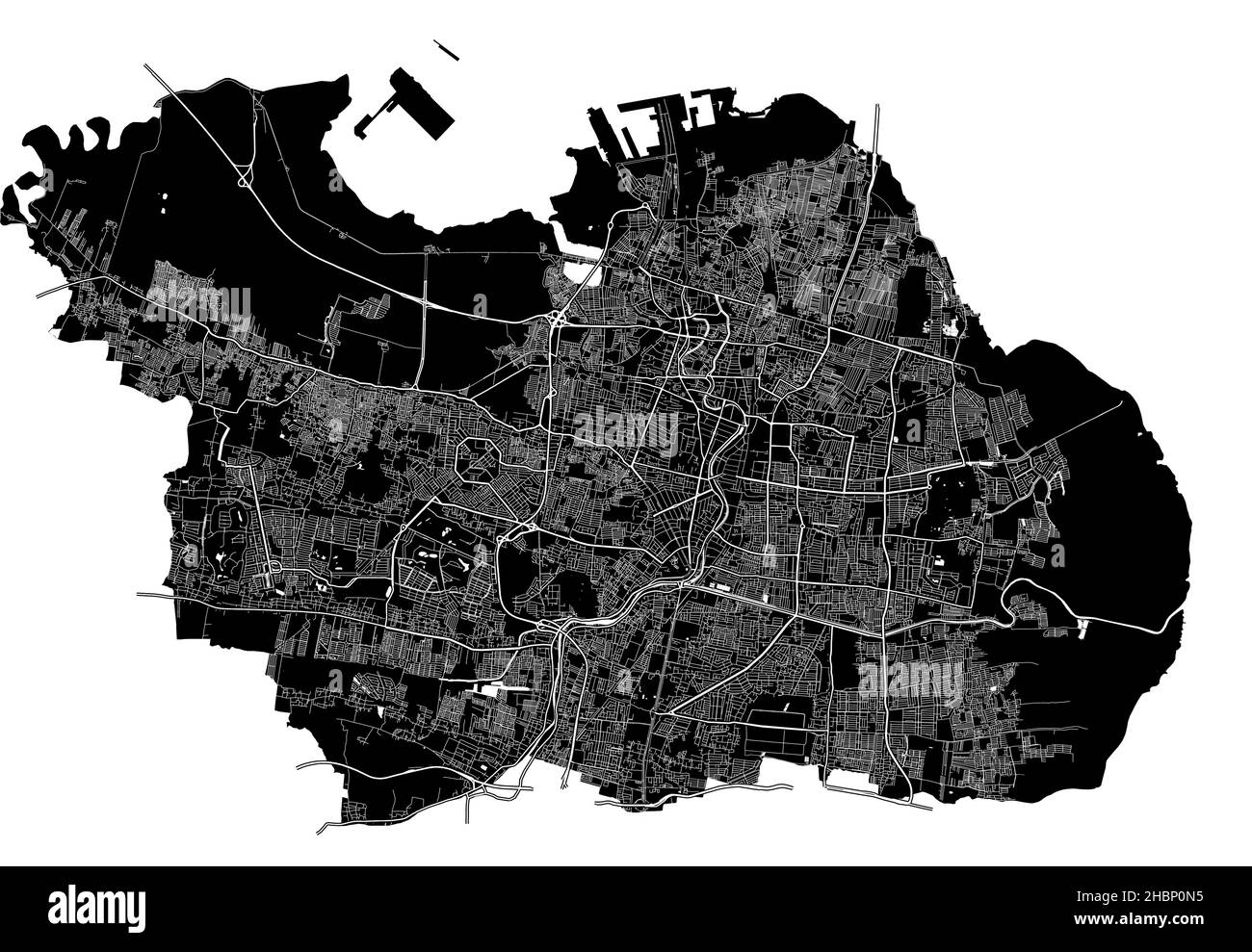 Surabaya, Indonesia, high resolution vector map with city boundaries, and editable paths. The city map was drawn with white areas and lines for main r Stock Vector