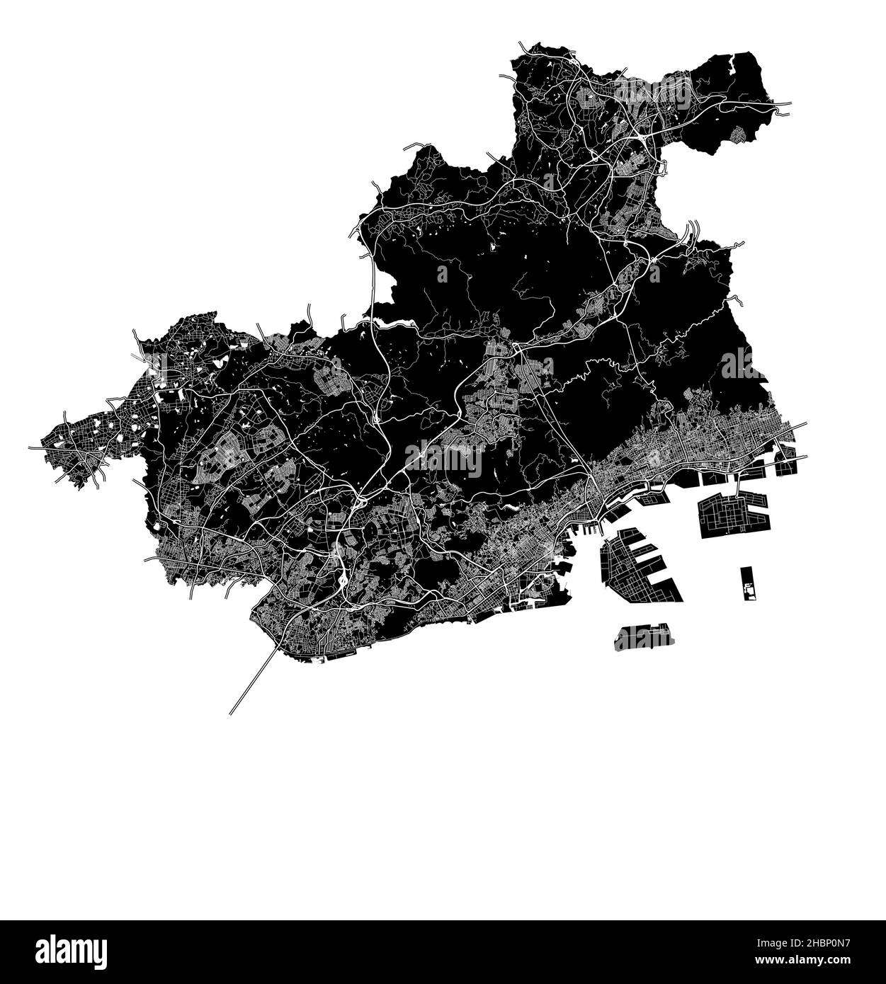 Kobe, Japan, high resolution vector map with city boundaries, and editable paths. The city map was drawn with white areas and lines for main roads, si Stock Vector