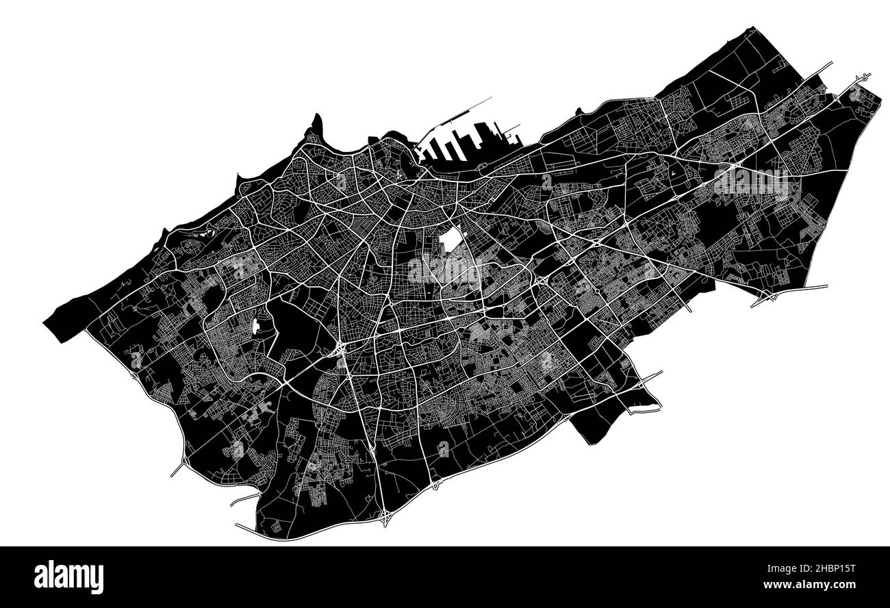 Casablanca, Morocco, high resolution vector map with city boundaries, and editable paths. The city map was drawn with white areas and lines for main r Stock Vector