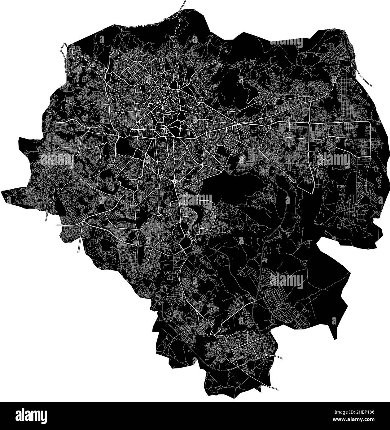 Addis Ababa, Ethiopia, high resolution vector map with city boundaries, and editable paths. The city map was drawn with white areas and lines for main Stock Vector