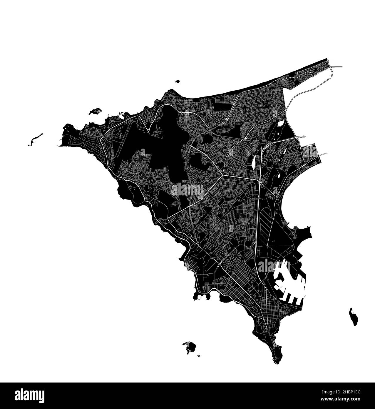 Dakar, Senegal, high resolution vector map with city boundaries, and editable paths. The city map was drawn with white areas and lines for main roads, Stock Vector