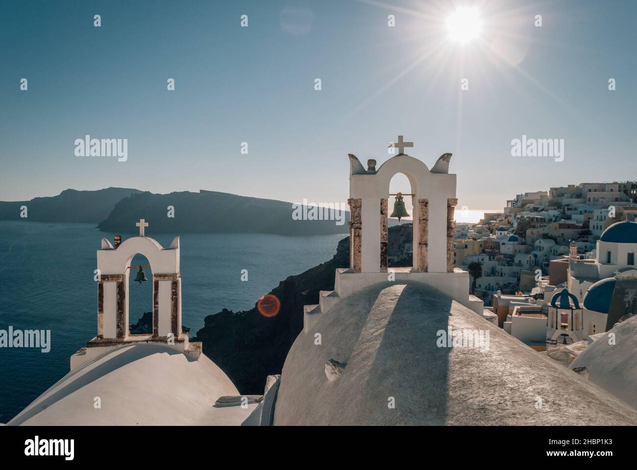 View of the bell towers of the Greek Church of Oia, Santorini Stock Photo