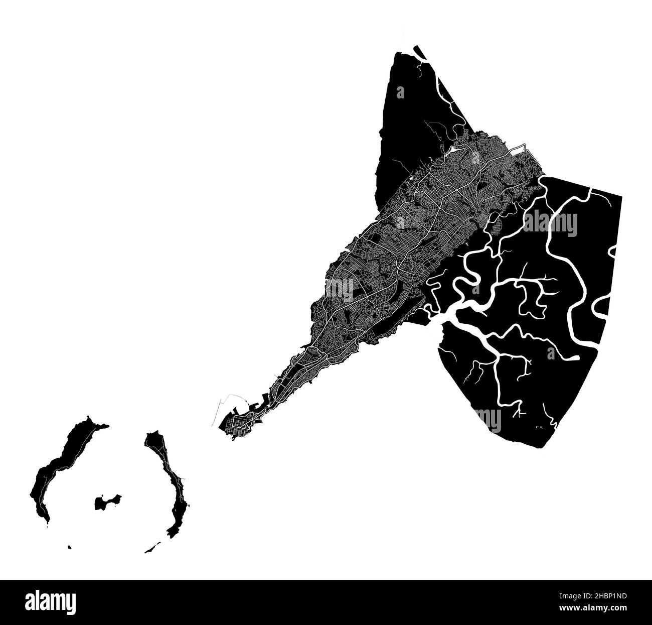 Conakry, Guinea, high resolution vector map with city boundaries, and editable paths. The city map was drawn with white areas and lines for main roads Stock Vector