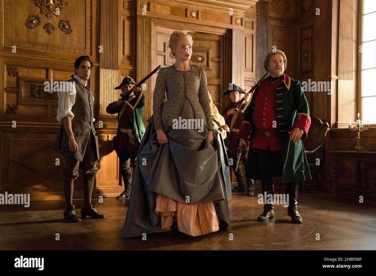 THE GREAT, from left: Sacha Dhawan, Elle Fanning, Douglas Hodge, A