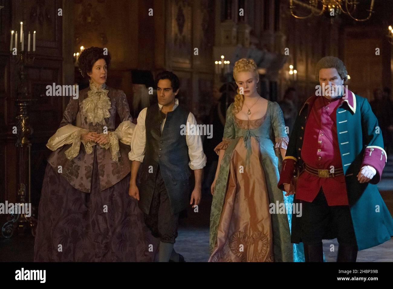 THE GREAT, from left: Belinda Bromilow, Sacha Dhawan, Elle Fanning
