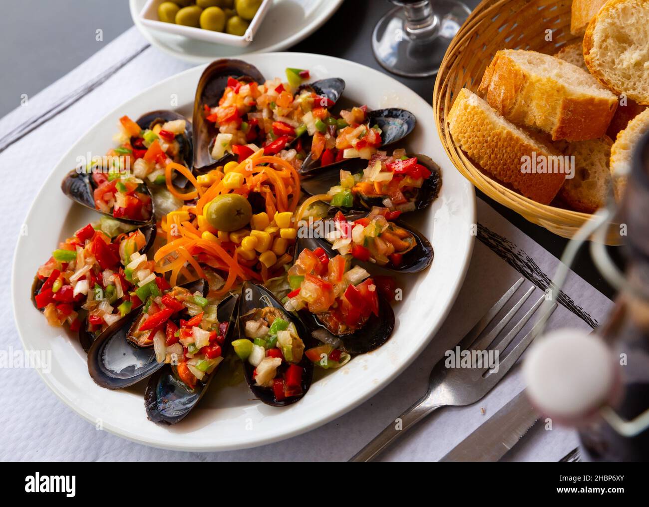 Tasty mussels with vinaigrette from fresh vegetables, nobody Stock