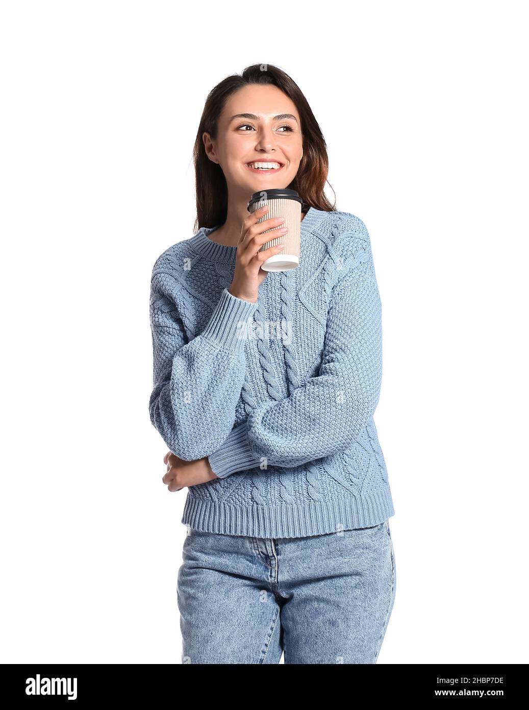 Beautiful woman with cup of coffee on white background Stock Photo - Alamy