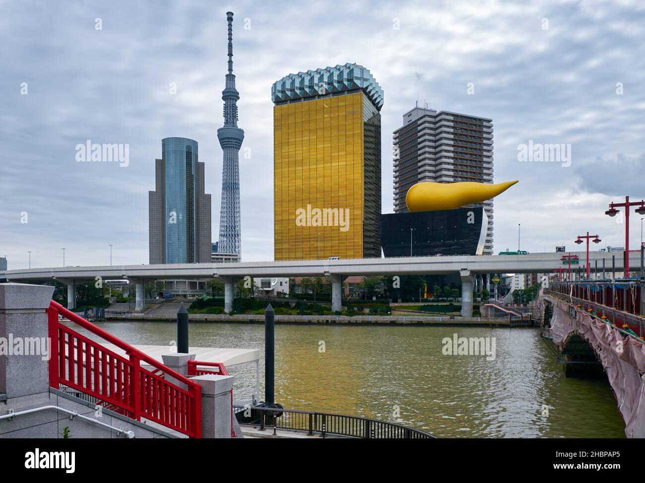 Tokyo, Japan - October 24, 2019 Asahi Beer Hall and Asahi Flame of Asahi Breweries headquarters, the most recognizable modern structures of Tokyo, loc Stock Photo