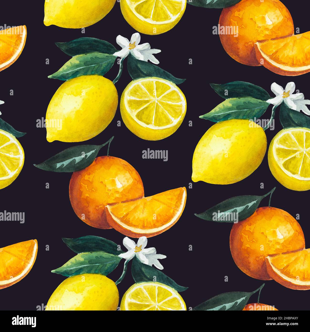 Seamless pattern with citrus fruits, lemon and orange with leaves and ...